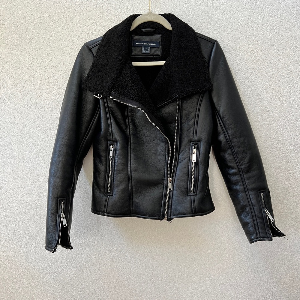 EUC French Connection Vegan Black Leather Jacket with Sherpa Lining